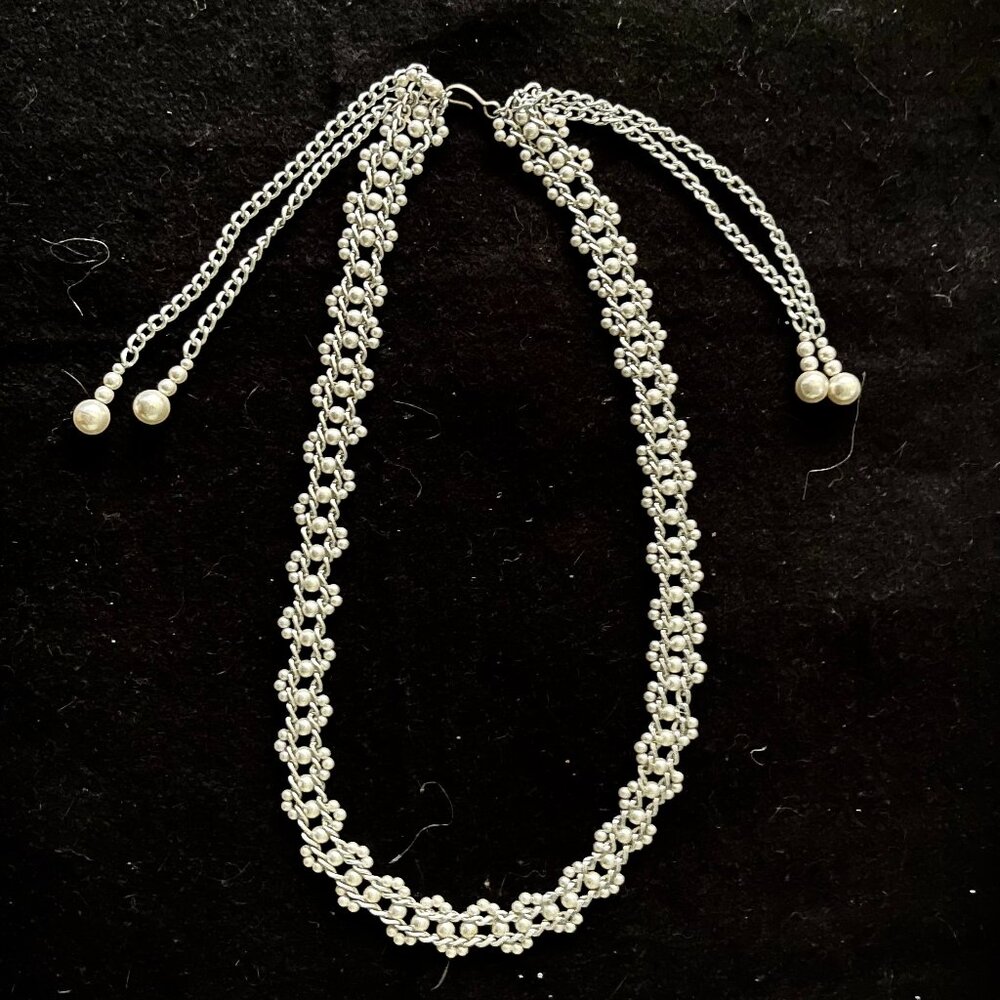 Estate Vintage Woven Faux Pearl/Silver-Tone Chain 28”
